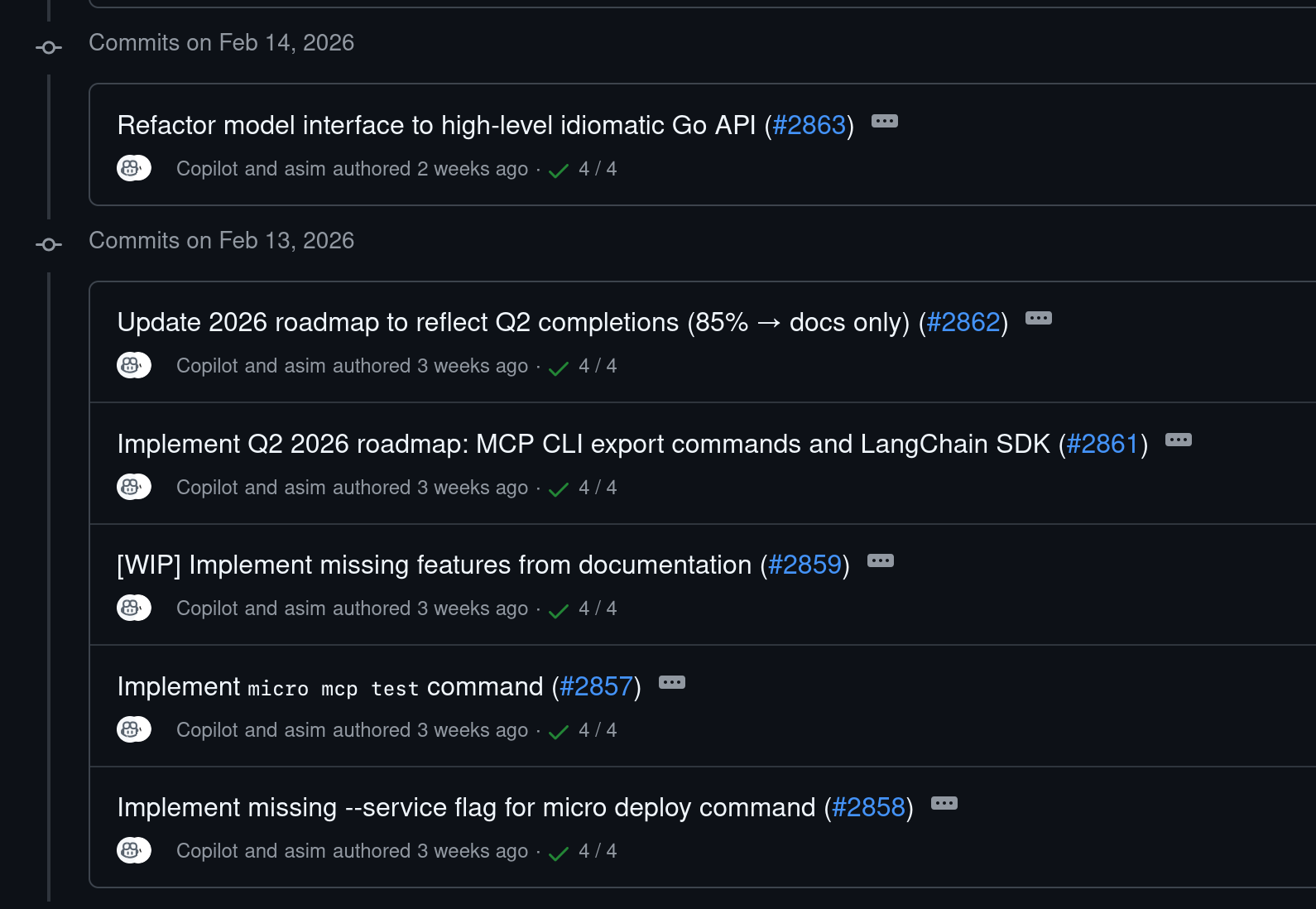Commit history of go-micro with Copilot commits